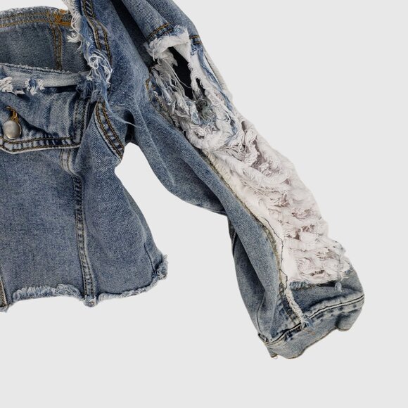 American Bazi Womens Cropped Distressed Denim Jacket Sz S - Picture 5 of 13